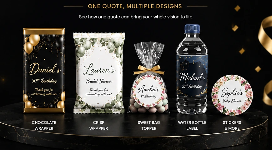KCL Events personalised chocolate wrappers, crisp wrappers, sweet bags, bottle labels and stickers